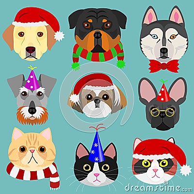 Dog and cat face set in Christmas fashion Vector Illustration