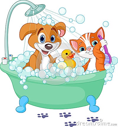 Dog and Cat having a bath Vector Illustration