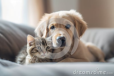 A dog and a cat laying on a couch. AI generative image Stock Photo