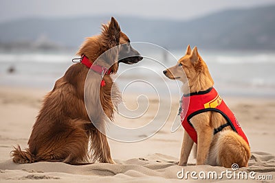 dog and cat lifeguards chatting on the beach before their shift Stock Photo
