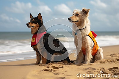dog and cat lifeguards patrolling the beach together, keeping watch over their respective flocks Stock Photo