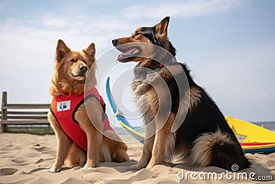 dog and cat lifeguards sharing a laugh as they keep watch over the beach Stock Photo