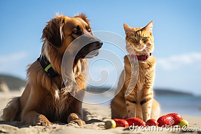 dog and cat lifeguards sharing snack on the beach Stock Photo