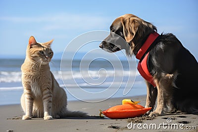 dog and cat lifeguards sharing snack on the beach Stock Photo