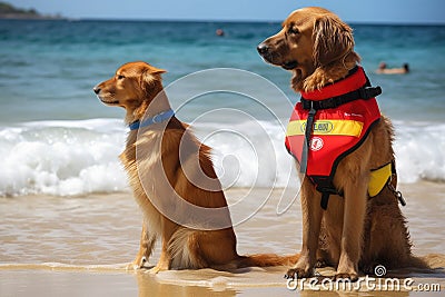 dog and cat lifeguards watching over children swimming in the clear waters of the beach Stock Photo