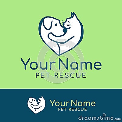 Dog and cat, pet caring logo with heart. Animal rescue modern symbol Vector Illustration