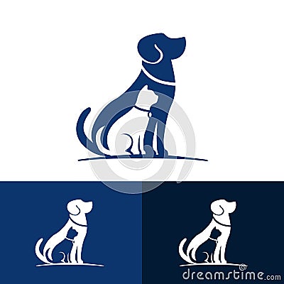 Dog and cat silhouette happy pets logo with some color variations, simple monochromatic animal logo for rescue, adoption, pet care Vector Illustration