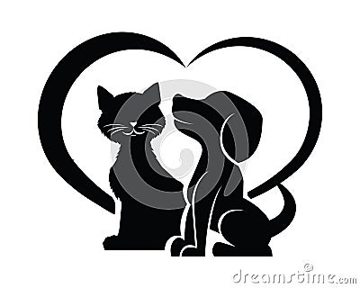 Dog and cat silhouette in a heart shape Vector Illustration