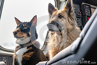dog and cat sitting in cockpit of passenger plane, keeping watch over the flight Stock Photo