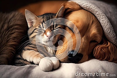 dog and cat sleeping together kitten and puppy illustration generative ai Cartoon Illustration