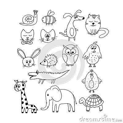 dog, cat, snail, bee, elephant, rabbit, bird, crocodile, owl, hedgehog, turtle set hand drawn doodle. vector Vector Illustration