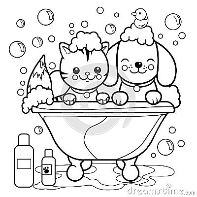 Dog and cat in a tub taking a bath. Vector black and white coloring page. Vector Illustration