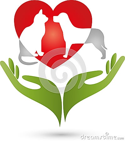 Dog cat and two hands, heart and animals, heart for animals logo Stock Photo