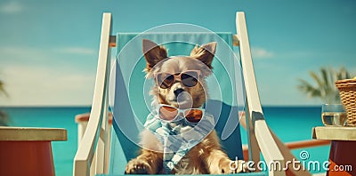 dog lazy vacation pet summer chair beach funny sunglasses relax. Generative AI. Stock Photo