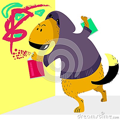 Dog character as Graffiti artist. pet with a spray paints a wall Vector Illustration