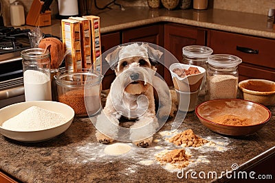 dog chef, mixing and stirring ingredients for tasty dog treat bake Stock Photo