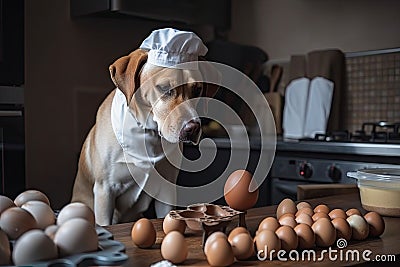 dog chef whisking eggs and tasting for seasoning before preparing breakfast Stock Photo