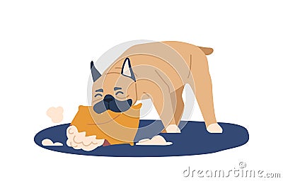 Dog Chewing Pillows Is A Common Behavior Problem. It Signifies Anxiety, Boredom, Or Teething In Puppies Vector Illustration