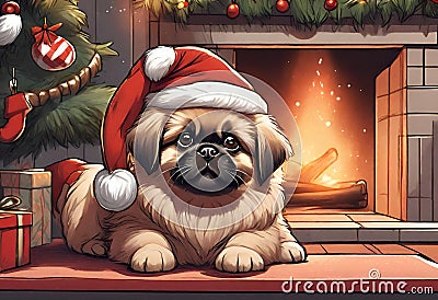 Christmas Secene. A Pekingese puppy dog wearing a Santa Claus hat Stock Photo