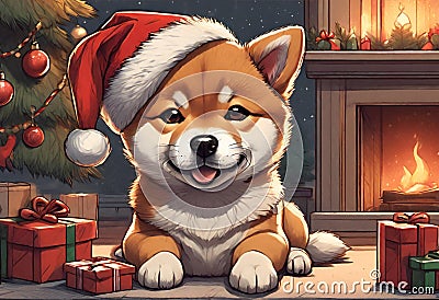 Christmas Secene. A Shiba puppy dog wearing a Santa Claus hat Stock Photo