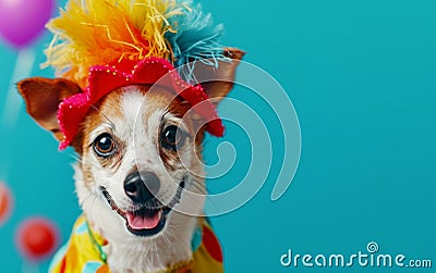 Dog in a clown cap and cheerful outfi Stock Photo