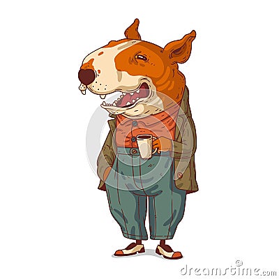 A dog on a coffee break, vector illustration. Humanized bull terrier. Positive anthropomorphic dog Vector Illustration