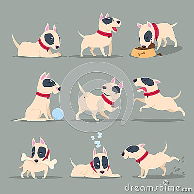 Dog in day activity. Funny cartoon puppy daily routine. Cute dog pet animal vector character set Vector Illustration