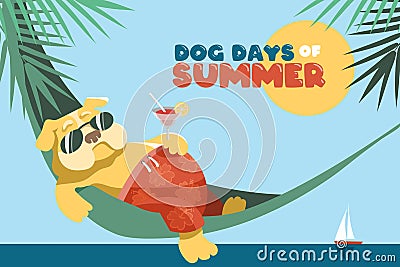 Dog days of summer. A cute fat English bulldog lies in a hammock Vector Illustration