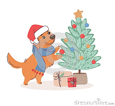 The dog decorates the Christmas tree. Cute labrador wearing a knitted scarf and a santa claus hat. Vector print with a Vector Illustration
