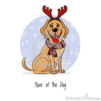 Cheerful illustration, Labrador wearing new year clouth, laughs funny, 2018 year of the dog Vector Illustration