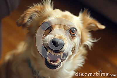 dog with dilated pupils baring teeth Stock Photo