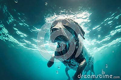 Dog dives underwater and swims into sea doing freediving Stock Photo