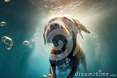 Dog dives underwater and swims into sea doing freediving Stock Photo