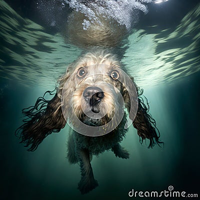 Dog diving underwater, fun dive deep, actions play and training with pets in summer. Illustration, Generative AI Stock Photo