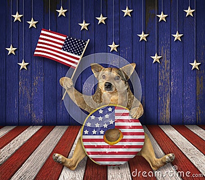 Dog with donut and flag on stage Stock Photo