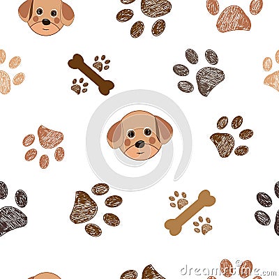 Dog and doodle paw prints and bones paws pattern Vector Illustration