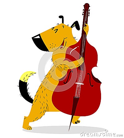 Dog with double bass. Cute dog musician plays a stringed instrument with a contrabass. Vector Illustration