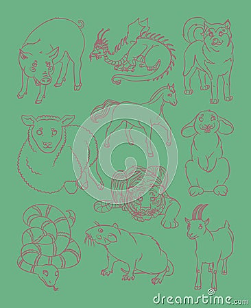 Dog, dragon, goat, horse, pig, rabbit, rat, sheep, snake, tiger Vector Illustration