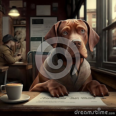Dog Dressed As Businessmen At Desk With Computer, dog at works office Dog with clothes.. Stock Photo