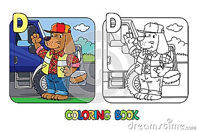 Dog driver ABC coloring book. Alphabet D Vector Illustration