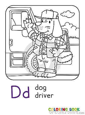 Dog driver ABC coloring book. Alphabet D Vector Illustration