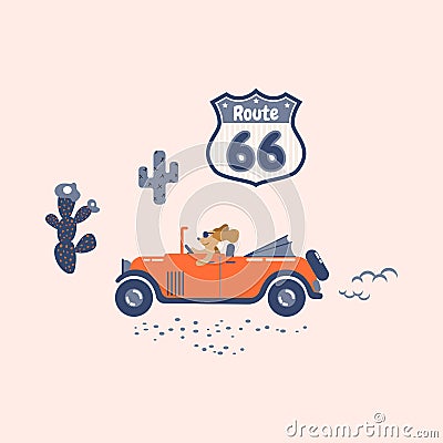 Dog drives a retro car on a route sixty six. Vector Illustration