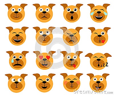 Dog emoticon. Animal emoticons. Dog face icons, funny friend cartoon pack isolated on white, vector illustration. Vector Illustration