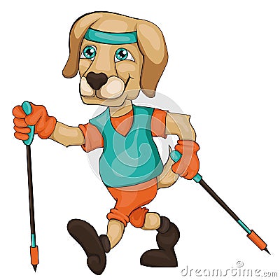 The dog is engaged in Nordic walking. Cartoon style. Vector Illustration