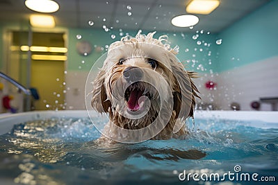 Dog Enjoying Gentle Hydrotherapy Session In Grooming Facility. Generative AI Stock Photo