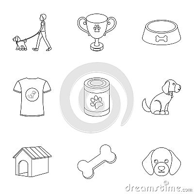 Dog equipment set icons in outline style. Big collection dog equipment illustration Vector Illustration