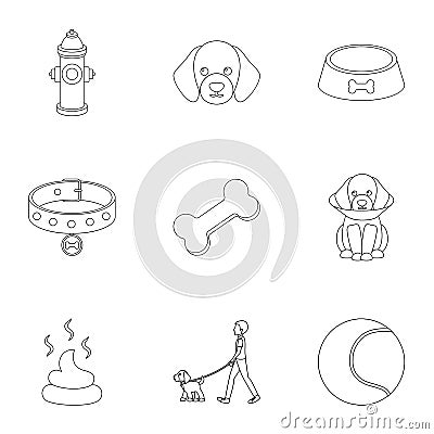 Dog equipment set icons in outline style. Big collection dog equipment vector symbol stock illustration Vector Illustration