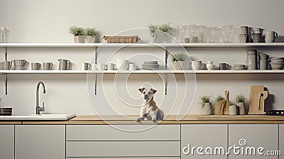 a dog exploring a modern minimalist kitchen, showcasing shelves neatly organized with boxes of delicious dog snacks in Stock Photo