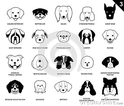 Dog Faces Stroke Monochrome Icon Cartoon 3 Vector Illustration