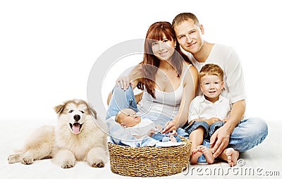 Dog and Family, Children Father Mother Pet, White Stock Photo